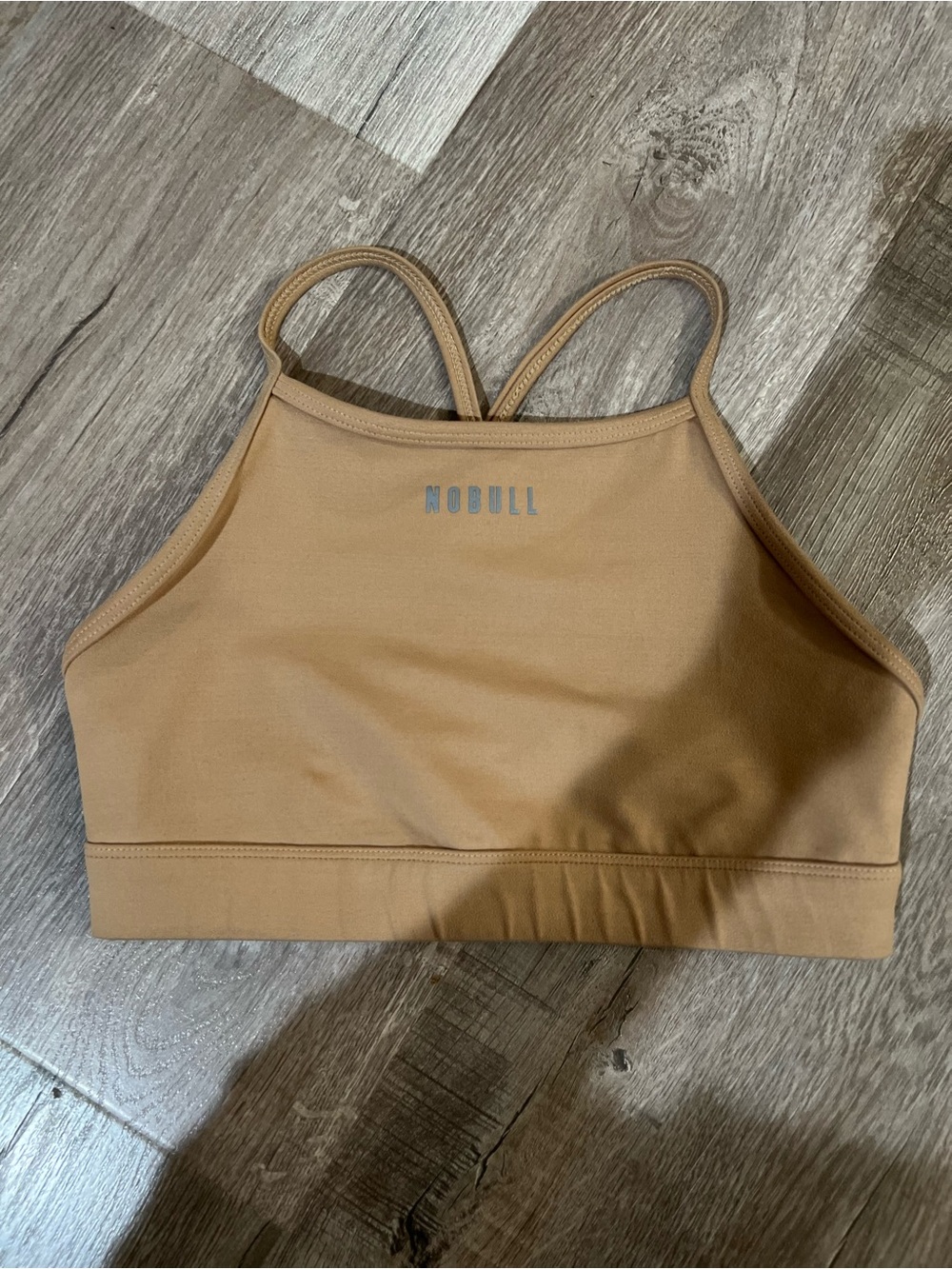 NOBULL Women's Tan High-Neck Bra with Thin Cross Straps